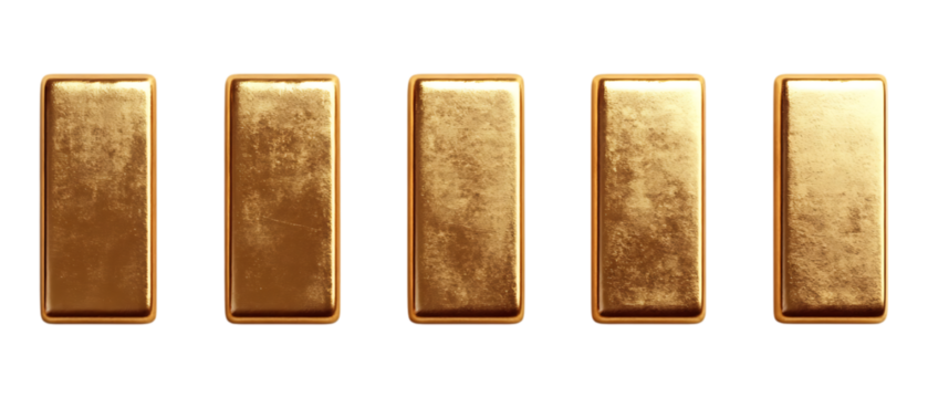 Pack of Gold Bar set of Five Different Poses set Against Transparent Background for Luxury Branding, Investment Marketing, or Financial Design Projects