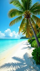 Obraz premium Palm tree-lined shoreline with sandy white beach and turquoise ocean, , turquoise water