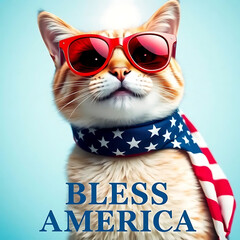  Fourth of July cat with American flag accessories and Bless America' message Created by Generative AI