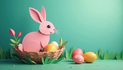 Paper cut bunny sitting in a nest with eggs , easter egg, spring