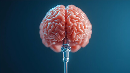 Human brain model, studio shot, blue background, medical research