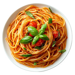 spaghetti with tomato sauce on white background