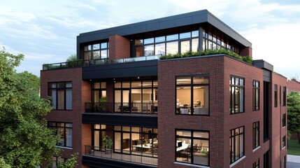 A 3D office building with a rooftop terrace, warm morning glow, centered with text space below, professional advertising appeal