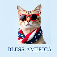  Fourth of July cat with American flag accessories and Bless America' message Created by Generative AI