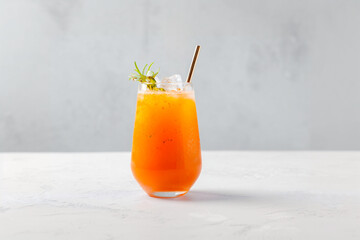 Chilled orange tropical cocktail with ice and garnish in a clear glass on a white background. Drink photo for summer themes, bar menu