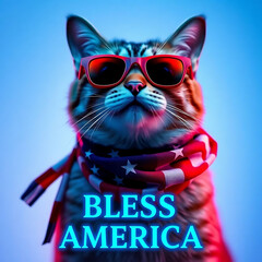  Fourth of July cat with American flag accessories and Bless America' message Created by Generative AI
