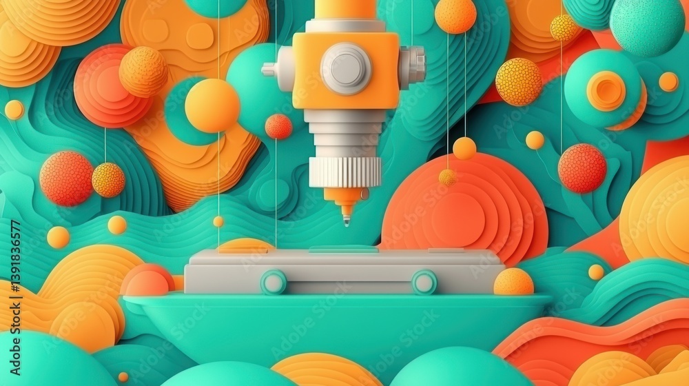 Poster abstract 3d render of a futuristic machine painting vibrant orange and teal spheres and wavy forms.