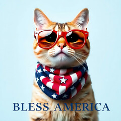  Fourth of July cat with American flag accessories and Bless America' message Created by Generative AI