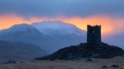 Obraz premium Sunset over mountains, stone tower, scenic view