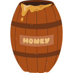 Lovely cartoon wooden barrel with dripping honey. Childish hand drawn honey keg from hardwood for sweet jam storage, beekeeping and farming. Flat cask for gold liquid syrup isolated on background.