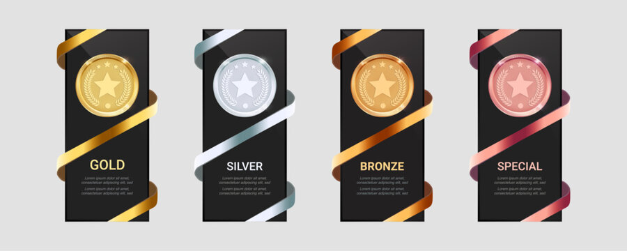Metallic Star Trophy Vector Set &ndash; Black Award Plaques with Gold, Platinum, Silver, Bronze, and Special Medals for Winners, Sports, and Competitions