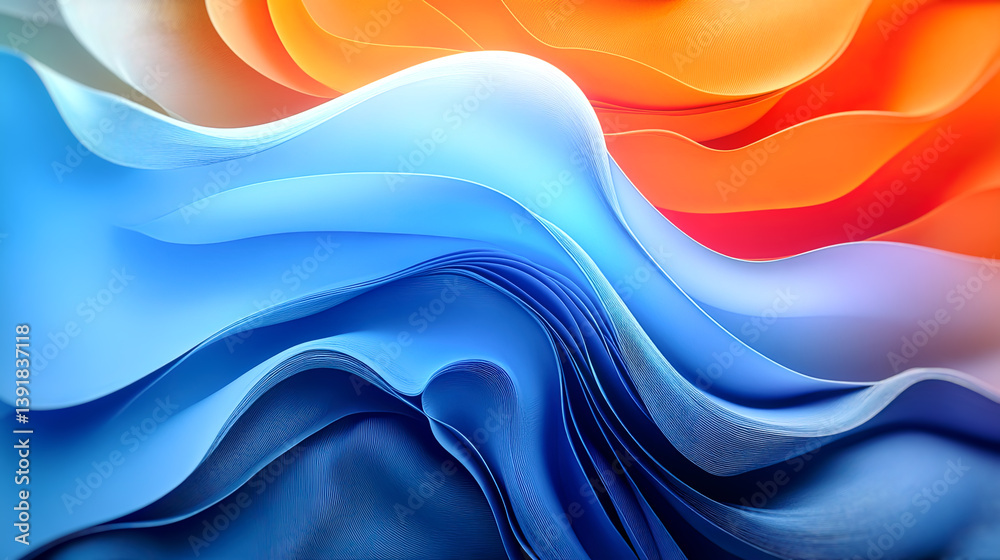 Poster Digital illustration with a flowing, undulating pattern made up of complex, fluid shapes. Gradient transitions between blues and oranges