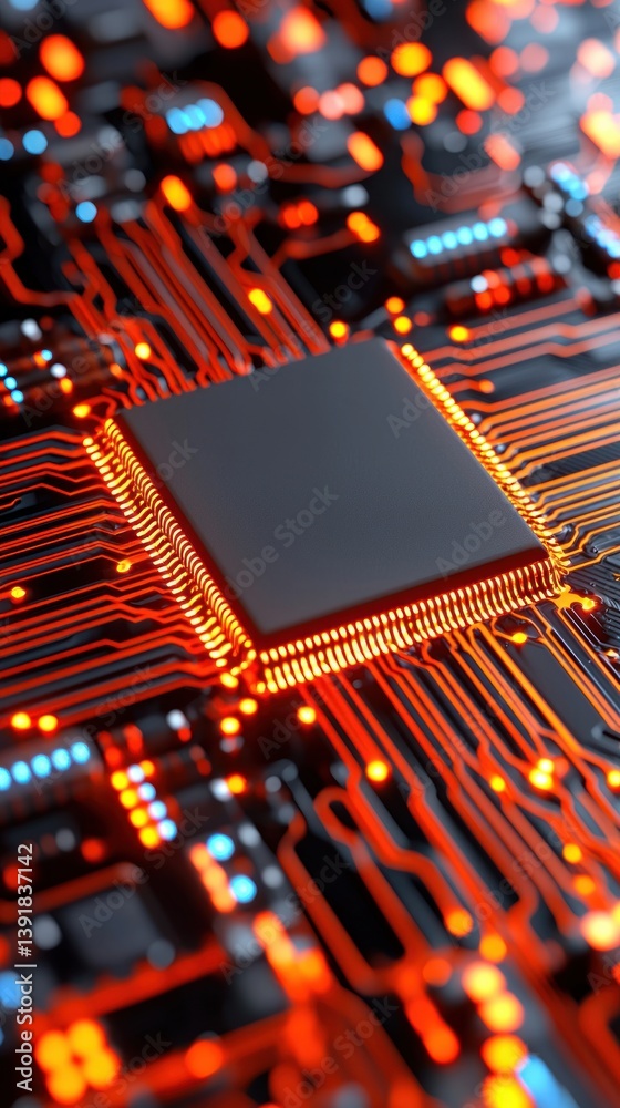Aufkleber A close-up detailed view of a central processing unit CPU on a circuit board with glowing orange traces.