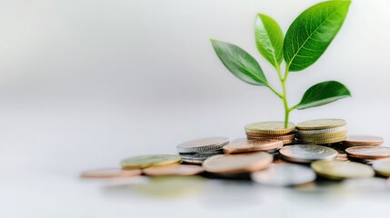 A small green plant growing from a pile of coins, Financial success begins with wise money management - balancing budget allocation with eco-conscious investments for maximum reward