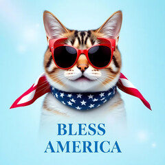  Fourth of July cat with American flag accessories and Bless America' message Created by Generative AI