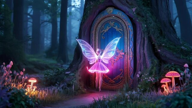 A fairytale forest, in the center there is a tree trunk, in which a bright blue magic door with patterns and a glowing ornament is built. Swirling glowing vortices are visible behind the door. A glowi