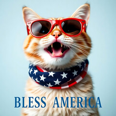  Fourth of July cat with American flag accessories and Bless America' message Created by Generative AI