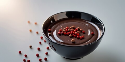 Dark Chocolate Sauce with Red Peppercorns in a Black Bowl.