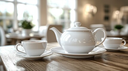 Fototapeta premium A pristine white teapot and teacups sit on a rustic wooden table in a bright cafe setting.