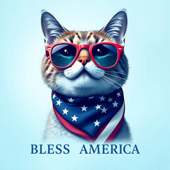  Fourth of July cat with American flag accessories and Bless America' message Created by Generative AI