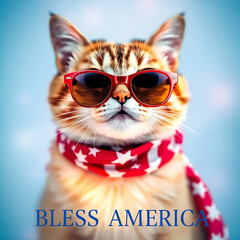  Fourth of July cat with American flag accessories and Bless America' message Created by Generative AI