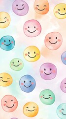 Colorful smiley face pattern on watercolor background for cheerful design