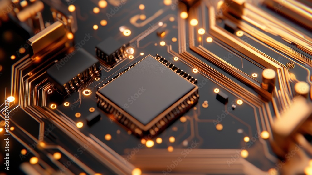 Aufkleber A close-up detailed view of a sophisticated gold circuit board with a central microchip processor.