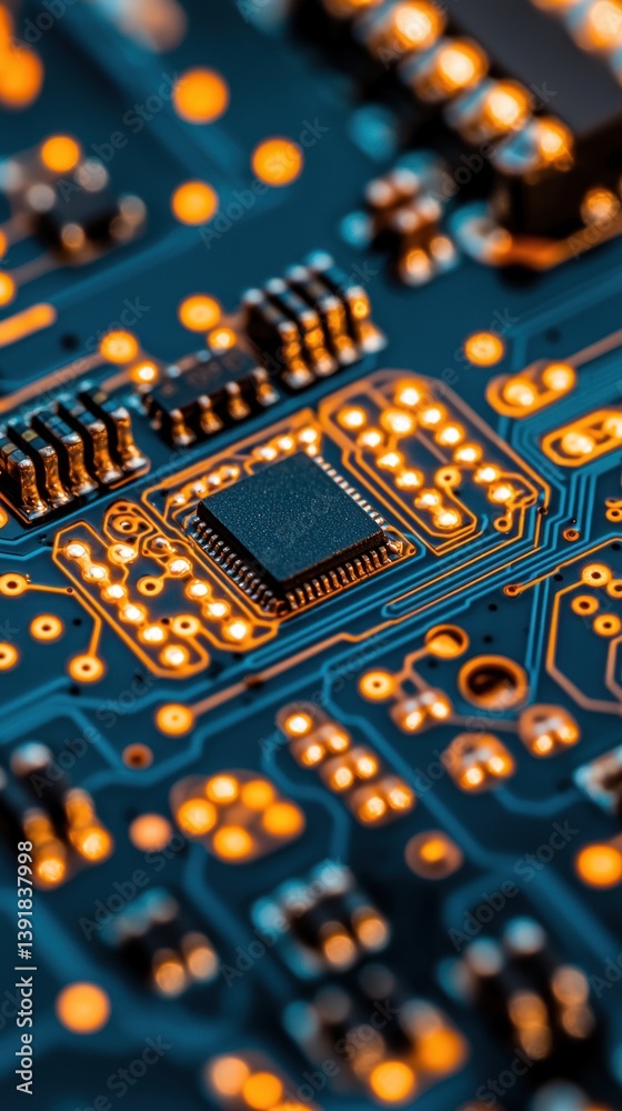 Fototapete Close-up detailed view of a circuit board showcasing intricate electronic components and illuminated pathways.