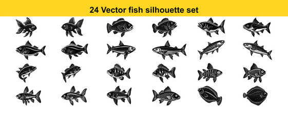 Black animal silhouette vector set icons, including cat, dog, bear, and fish