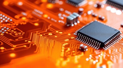 Close-up detailed view of a microchip circuit board showcasing intricate electronic components and pathways in vibrant orange