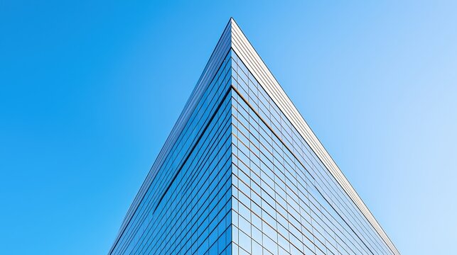 A bold 3D office building with sharp lines, crisp morning light, balanced with copy space on the left, dynamic poster visuals