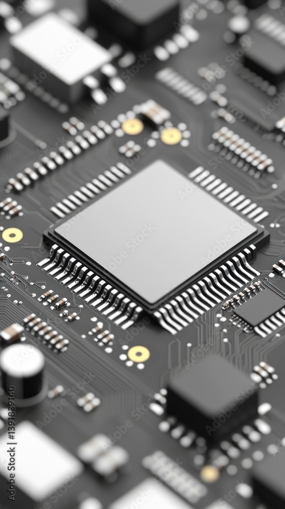 Aufkleber Close-up detailed view of a modern computer microchip circuit board showcasing intricate technological design elements.