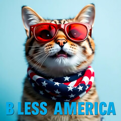  Fourth of July cat with American flag accessories and Bless America' message Created by Generative AI