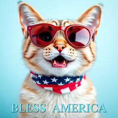  Fourth of July cat with American flag accessories and Bless America' message Created by Generative AI