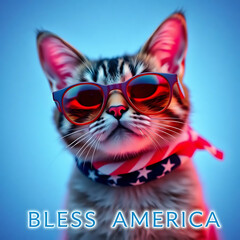  Fourth of July cat with American flag accessories and Bless America' message Created by Generative AI