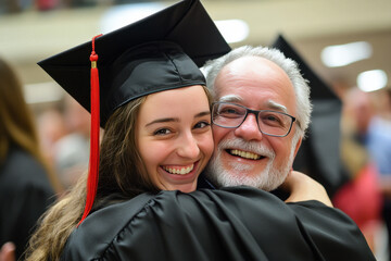 Graduate girl in gowns and caps with tassels hugs her father. End of study, graduation.