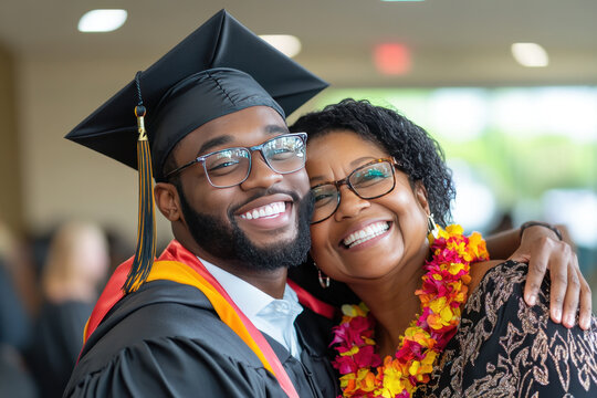 Smiling African American graduate in caps with tassels hugs his mom. End of study, graduation.
