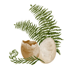  Eggs with herbs. Prehistoric fossils. Dinosaur eggs in fern. Plant leaves and broken reptile eggs. Watercolor illustration without background. Hand drawing.