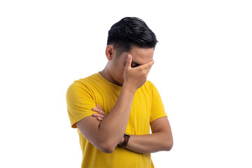 Unhappy handsome Asian man suffering from headache and migraine isolated on transparent background