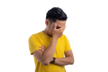 Unhappy handsome Asian man suffering from headache and migraine isolated on transparent background