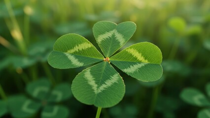 A close-up of a four-leaf clover in a field of green, illuminated by sunlight.
