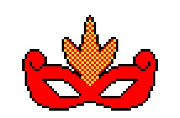 Carnival mask red with decorations, pixel drawing of carnival mask. For embroidery, design, children's creativity. Mosaic.
