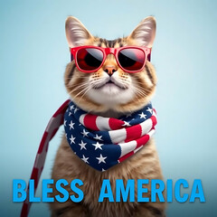  Fourth of July cat with American flag accessories and Bless America' message Created by Generative AI