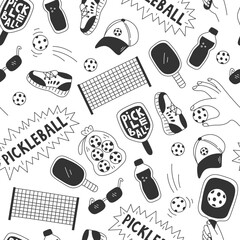 Materiał do szycia Pickleball Doodle Seamless Pattern. Comic Sports Ball Game Background with line sketch cartoon elements equipment tools uniform. Repeat vector illustration