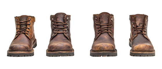 Pack of Leather Work Boots set of Five Different Poses set Against Transparent Background for Footwear, Fashion, or Work Gear Promotion Projects