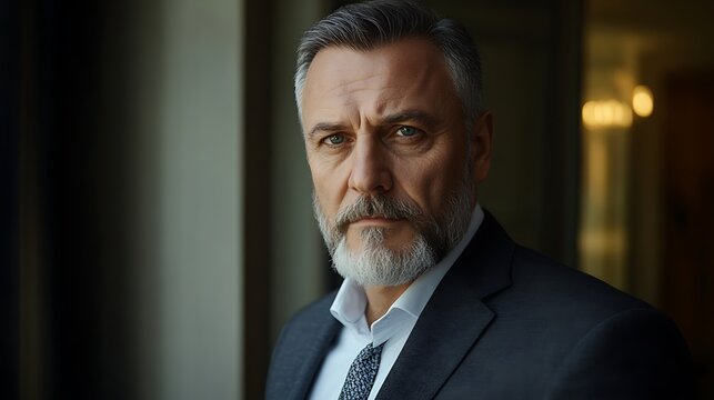 determined businessman portrait in formal attire with pragmatic confidence executive presence and strong leadership energy in a polished professional setting