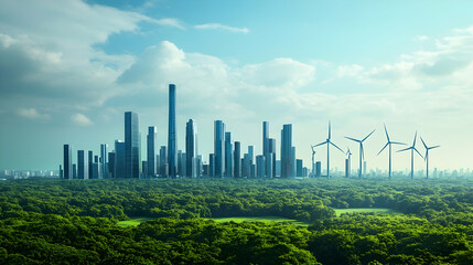 Green city skyline with wind turbines