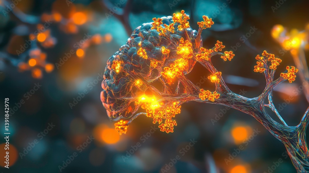 Poster 3d illustration shows human brain with highlighted neural network activity. tech medical view emphas