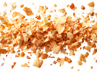  Golden bread crumbs scattering in mid-air on transparent background, perfect for culinary cooking tutorials and food preparation visuals 