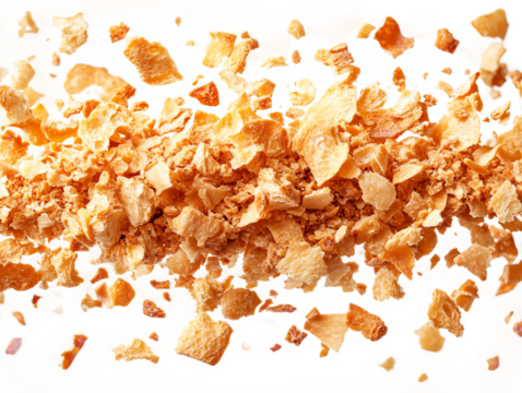  Golden bread crumbs scattering in mid-air on transparent background, perfect for culinary cooking tutorials and food preparation visuals 